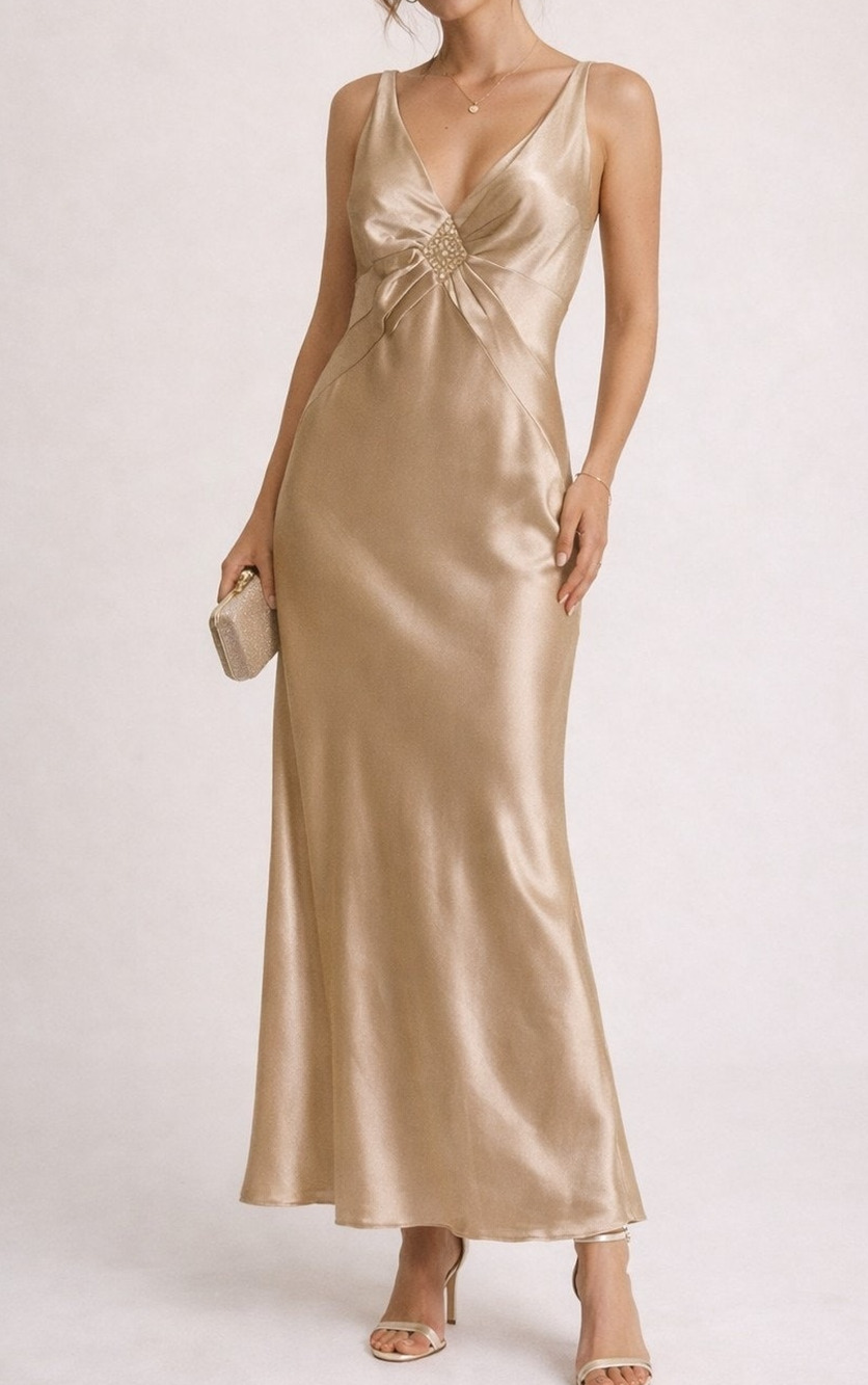 VTG Amanda Smith Satin Beaded Sequin Dress Size 6 Champagne Y2K Glam Prom Event